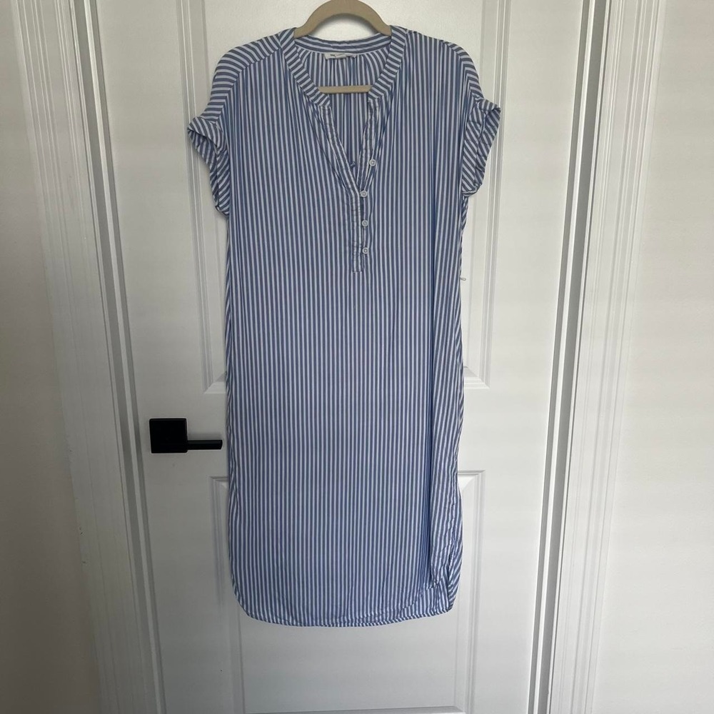 BeachLunchLounge Blue White Striped Shirt Dress Short Sleeve Pockets Midi S/P